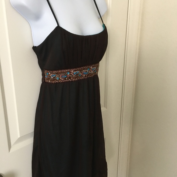 Intrigue Dark Brown Turquoise Hue Beaded Dress. Size M - Picture 3 of 8